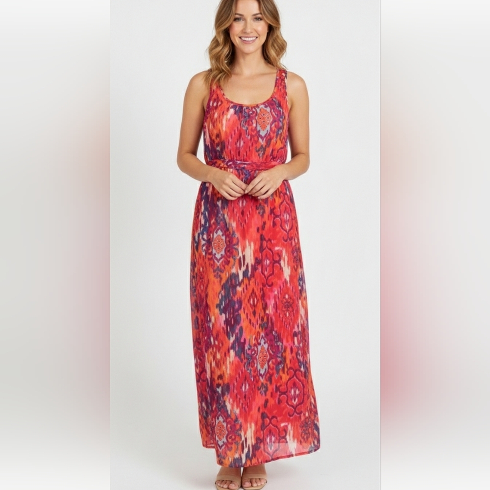 CHARMING CHARLIE maxi dress ikat multicolored watercolor pattern size M @i